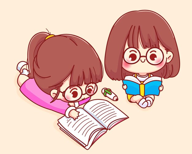 cute girl read book cartoon character illustration 56104 344