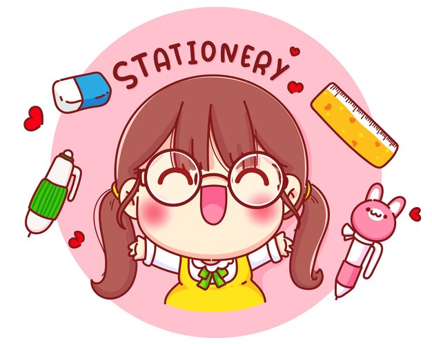 cute girl with stationery cartoon character illustration 56104 349