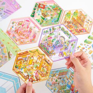 استیکر سه بعدی ساخت دنیای کوچک طرح قنادی و استیکر سه بعدی ساخت دنیای کوچک طرح فروشگاه با رنگ بندی شاد و جذاب